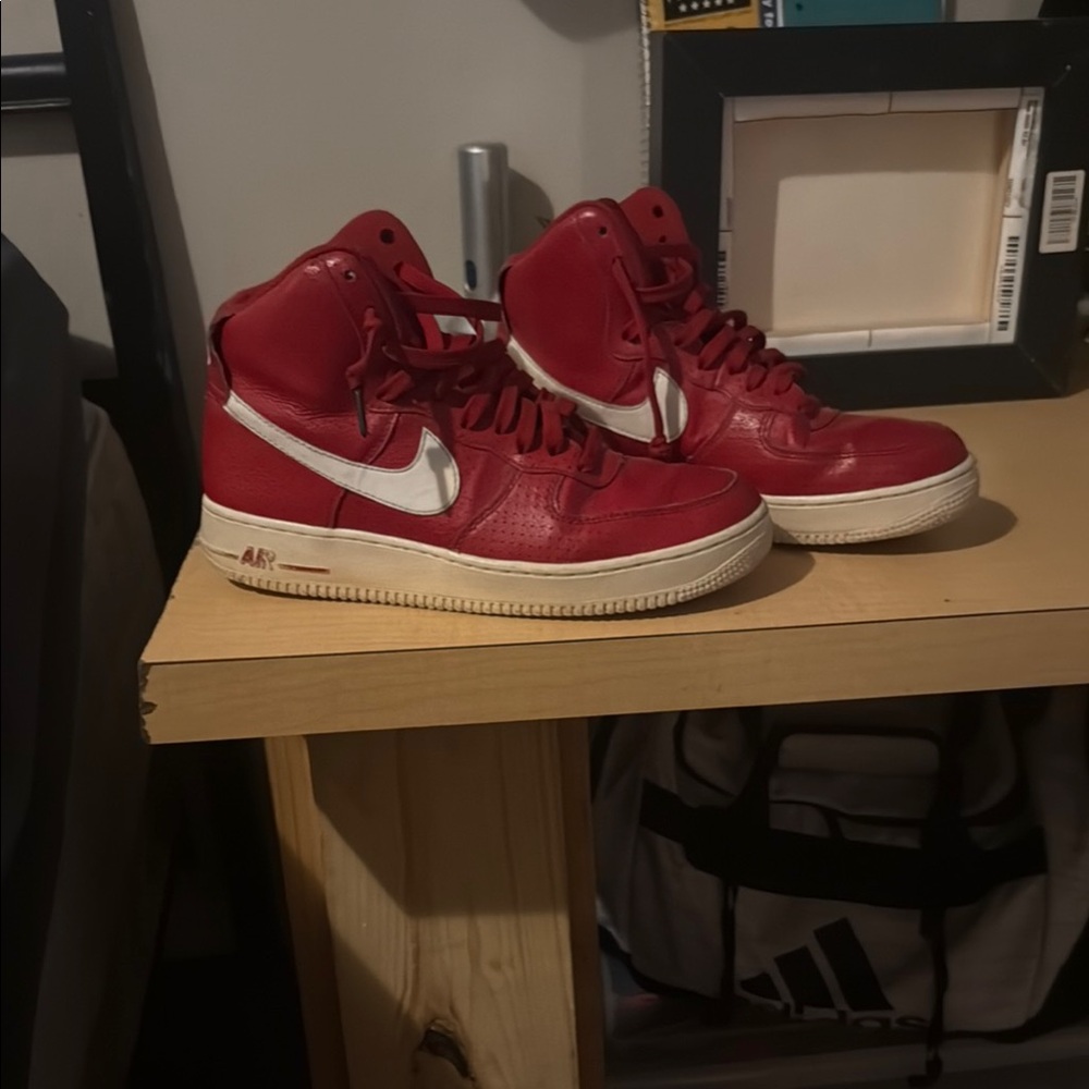 Nike Red and White High-Top Sneakers $75